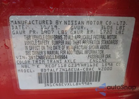 2020 Nissan Versa Sv Xtronic Cvt from USA, damaged, VIN 3N1CN8EVXLL849984